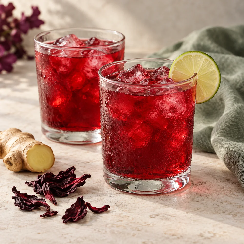 Serving suggestion: iced hibiscus and ginger cooler with lime